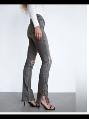 Zara Gray High-Rise Slim Flare Jeans with Knee Rips